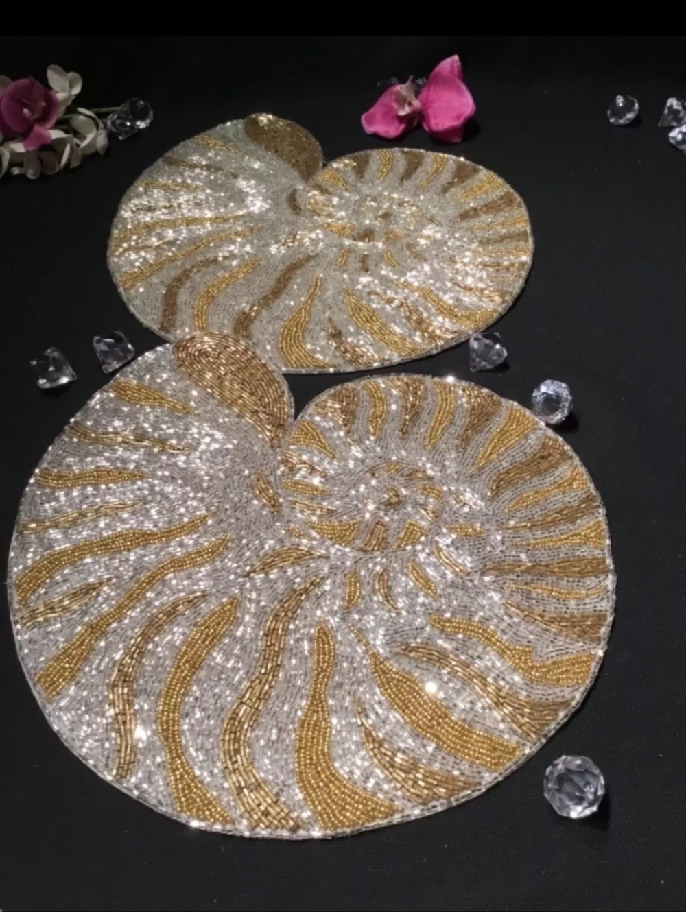 2pc Set Coastal Beaded Placemats Chargers Nautilus Shell Gold Silver Gorgeous